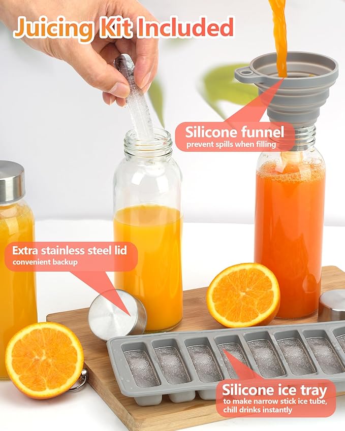 Zukro Glass Water Bottles with Lids 10.5 oz, 8 Pack Clear Reusable Glass Small Juice Bottles With Stainless Steel Cap for Juicing, Milk, Ginger Shot, BPA-Free Leak Proof 300ml Drinking Container Jar