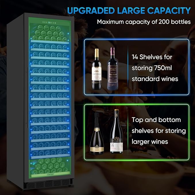 Large Wine Fridge, 200 Bottles Wine Fridge with Fast Cooling and Intelligent Temperature Memory, Wine Cooler Refrigerator Freestanding or Built-in, Professional Wine Cellar with Glass Door