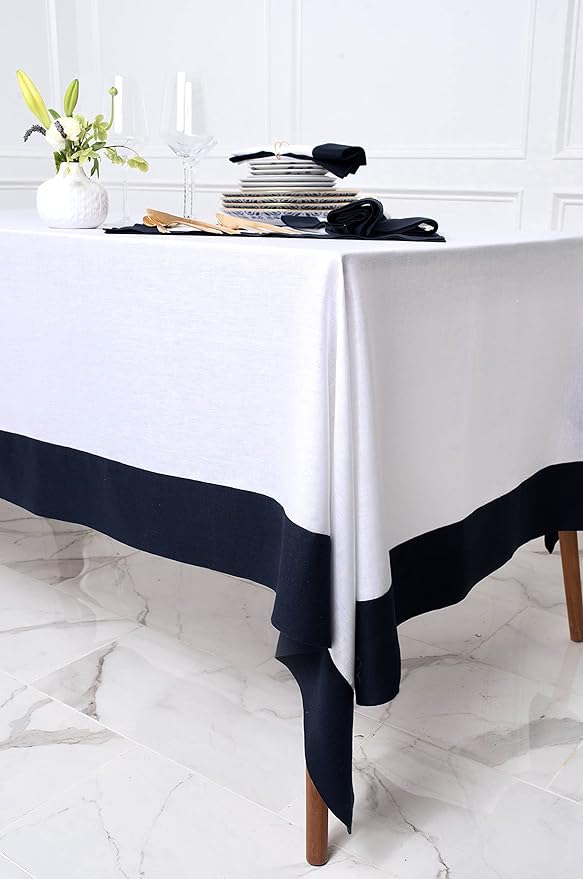 Solino Home Linen Tablecloth 60 x 90 Inch - 100% Pure Linen Navy and White Tablecloth for Rectangle Tables - Contempo, Machine Washable Table Cloth for Winter, New Year