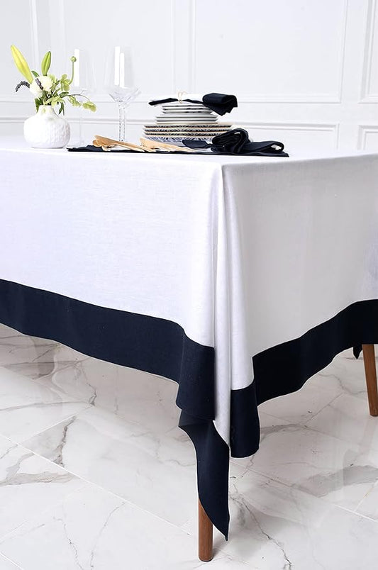 Solino Home Linen Tablecloth 60 x 90 Inch - 100% Pure Linen Navy and White Tablecloth for Rectangle Tables - Contempo, Machine Washable Table Cloth for Winter, New Year