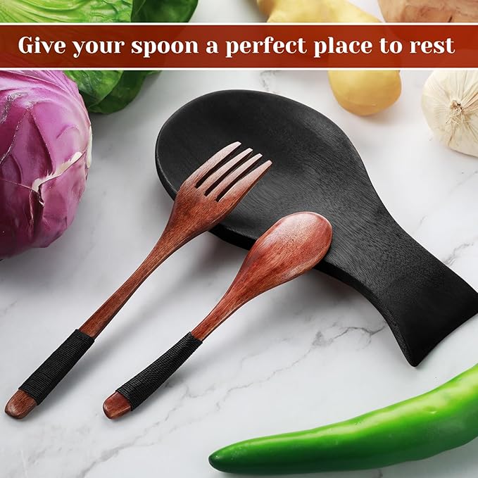 Patelai Acacia Wood Spoon Rest for Stove Top Bamboo Holder for Spatula Rest for Kitchen, Counter Spoon Holder for Countertop, Modern and Rustic for Farmhouse as Dining Table Decoration(Black)