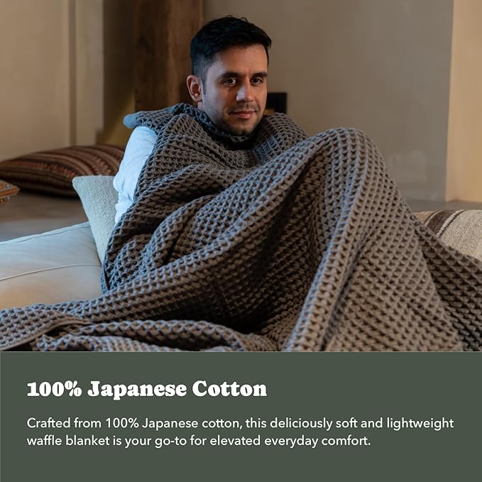 Luxury Organic Japanese Cotton Waffle Towelket Throw Blanket Bedspread for All Sleepers | Soft, Breathable and Thermoregulating (Smoke Grey, 67''x91'')