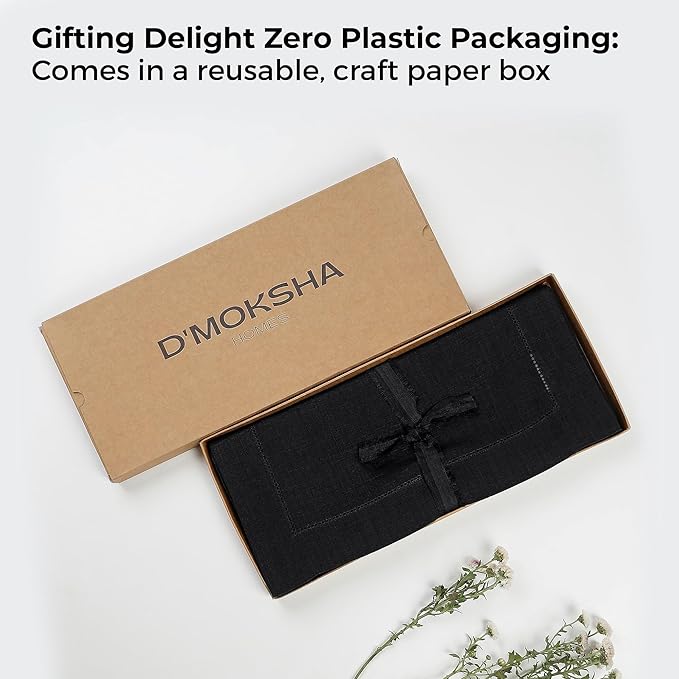 D'Moksha Homes Linen Black Table Runner 144 Inches Long - 100% Pure Linen Extra Long Table Runner 14 x 144 Inch for Winter, Holiday, New Year - Classic Hemstitch