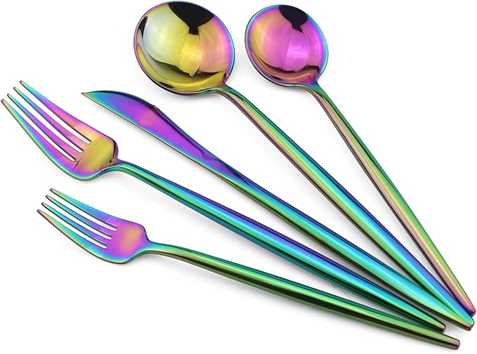 20-Pieces 18/10 Stainless Steel Silverware Set, Colorful Mirror Polishing Rainbow Flatware Set, Kitchen Knife Fork Spoon Utensils, Service for 4