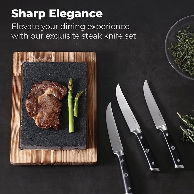 Master Maison 8-Piece 5" Ultra Premium Steak Knife Set | 8 German Non-Serrated Stainless Steel Kitchen Steak Knives + Storage Gift Box | Anti-Fatigue Ergonomic Full-Tang Triple-Riveted Handle (Black)