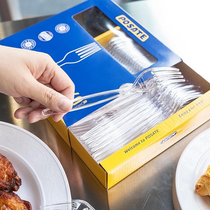 POSATE Heavy Duty Plastic Forks, Clear Disposable, Pack of 60