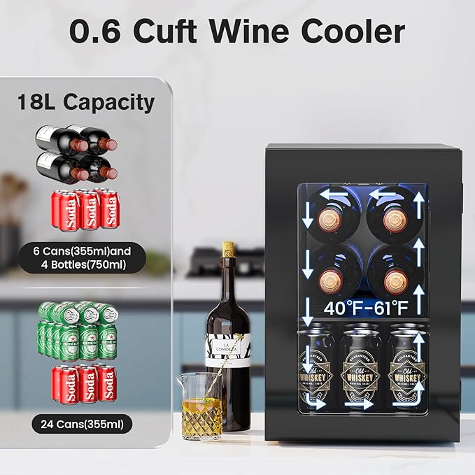 Wine Fridge Freestanding Counter-top, 24 Cans Wine Cellar Drink Cooler for Soda, Canned Beer, Adjustable Digital Temperature Control for Home Dorm Office, Black
