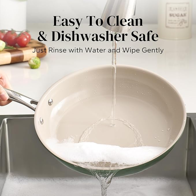 Redchef Nonstick Frying Pan Skillet, Ceramic Non-Stick Saute Pans, 9.5 inch Cooking Fry Pan with Stay Cool Handle, All Stovetops, Dishwasher/Oven Safe, PFAS-Free, Non Toxic (Green)