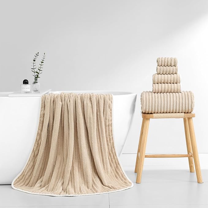 40x80 Inches Bath Sheets Towels for Adults Luxury Microfiber Extra Large Bath Towels for Bathroom Super Soft Absorbent Quick Dry with Hanging Loop (Beige,6PCS)