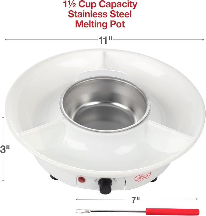 Electric Fondue Maker Deluxe Set w 4 Forks- Removable Serving Tray for Cheese & Chocolate Melting, Warming Setting- XMAS Candy Bar Melter, Holiday Party Must Have- Appetizers Desserts- Gift for Host