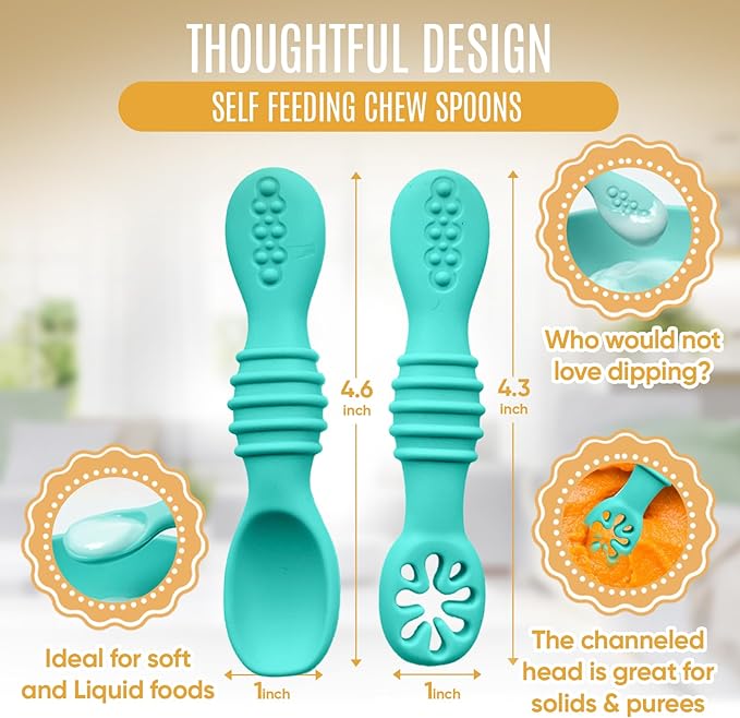 4pc Silicone Baby Spoons Self Feeding Baby Utensils 6-12 Months - 3 Baby Spoon - 1 Baby Fork - Toddler Cutlery Set - BPA Free, Dishwasher Safe - Baby Eating Essentials (Turquoise/Pickle)