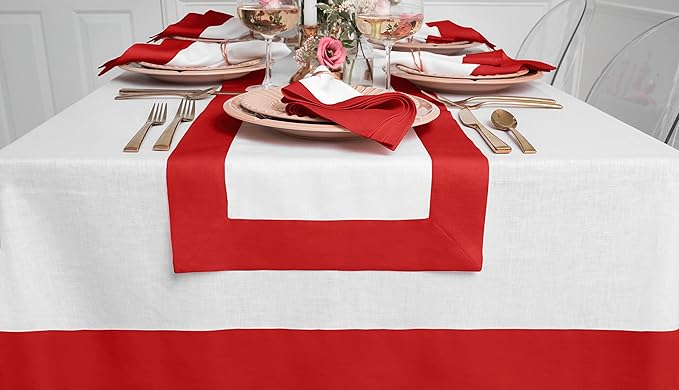 Solino Home Linen Tablecloth for Rectangle Tables 60 x 108 Inch - 100% Pure Linen Red and White Table Cloth - Contempo, Machine Washable Cloth Tablecloth for Valentines, New Year