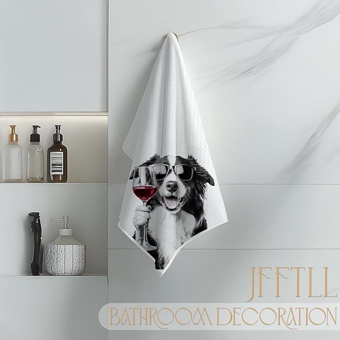Funny Border Collie Kitchen Towels, Border Collie Gifts Dish Tea Towels for Home Bar Kitchen, Dog Lover Gifts, Wine Lover Gifts, Funny Hand Towels for Bathroom, 16x24 Inch