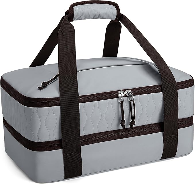 Trunab Insulated Casserole Carrier for Hot or Cold Food, Double Thermal Food Containers, Fit 9x13 Inches Baking Dish Foil Pans, For Picnic Cookouts, Potluck Parties, Beach,Beige (Grey)