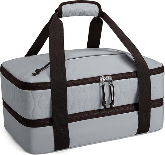 Trunab Insulated Casserole Carrier for Hot or Cold Food, Double Thermal Food Containers, Fit 9x13 Inches Baking Dish Foil Pans, For Picnic Cookouts, Potluck Parties, Beach,Beige (Grey)