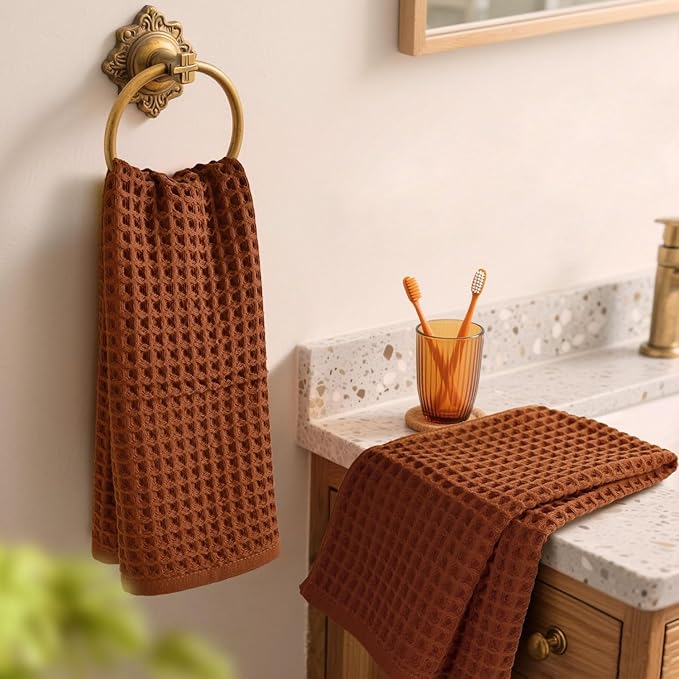 Jacquotha Waffle Hand Towels for Bathroom Kitchen Decor 2-Piece (Rust) – Cotton Quick Dry, Super Soft, Absorbent Kitchen Towels, 13x29”