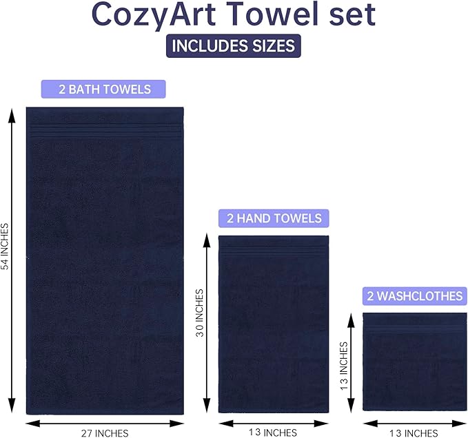 COZYART Navy Blue Bath Towel Set, Turkish Cotton Hotel 6 Piece Towel Sets for Bathroomof 6 with 2 Bath Towels, 2 Hand Towels, 2 Washcloths, 650 GSM
