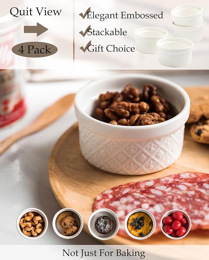 9 oz Ramekins with Lids, Creme Brulee Ramekins Oven Safe, Small Ceramic Serving Bowls, White Custard Cups for Baking, Dipping Sauce Cups, Pinch Bowls Ideal for Birthday Party, Set of 4