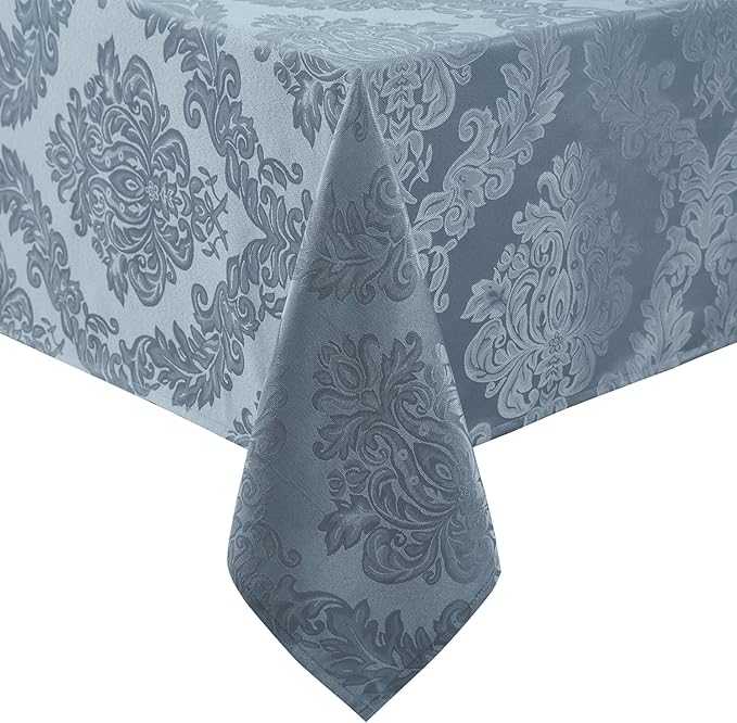 Newbridge Christmas Barcelona Damask Fabric Tablecloth, 52 x 70 Inch Rectangle, Blue – No Iron, Soil Resistant Table Cover for Dining, Parties and Holidays