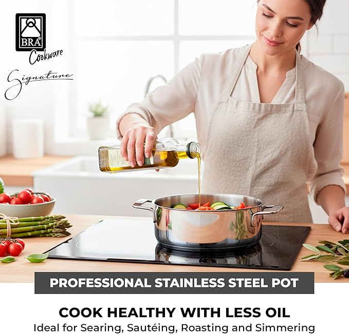 BRA COOKWARE Signature Stainless Steel Stock Pot w/Glass Lid | 8 Inch 2.4 Quart Professional Grade Cooking Pot | PFOA Free Deep Pot | All Cooktops | All Cooktops (incl. Induction) & Oven Safe