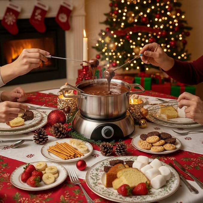 CUSIMAX 1500W Electric Fondue Pot Set, Fondue Pot for Chocolate, Cheese, Broth, Oil, Luminated Control Dial, Fondue Set with 8 Colour Coded Stainless Steel Forks, 1.4-Quart - Stainless Steel