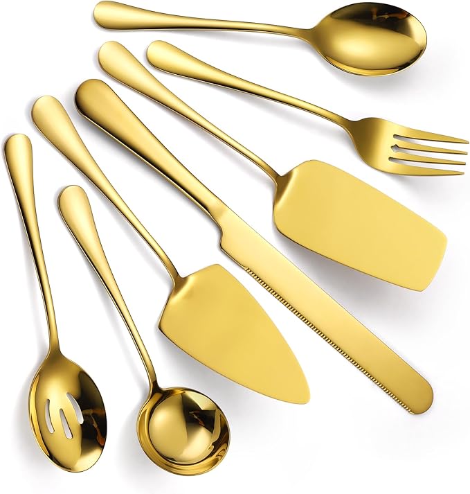 Gold Serving Utensils Set Stainless Steel Large Silverware 7 Piece Include Big Spoon Fork Cake Server Knife Pizza Spatula Pefect for Buffet Catering Flatware