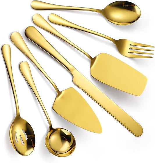 Gold Serving Utensils Set Stainless Steel Large Silverware 7 Piece Include Big Spoon Fork Cake Server Knife Pizza Spatula Pefect for Buffet Catering Flatware