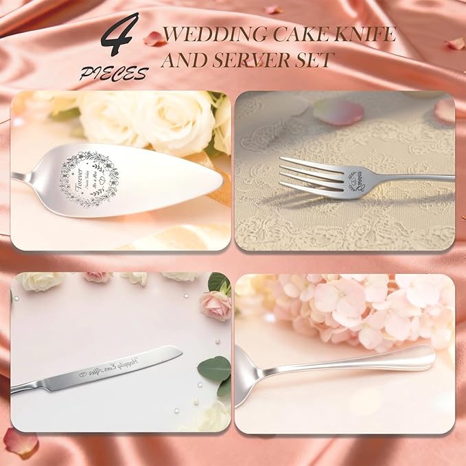 4 Piece Wedding Cake Cutting Set, Knife and Server with Forks, Elegant Wedding Cake Knife and Server Set for Bride and Groom(Silver)