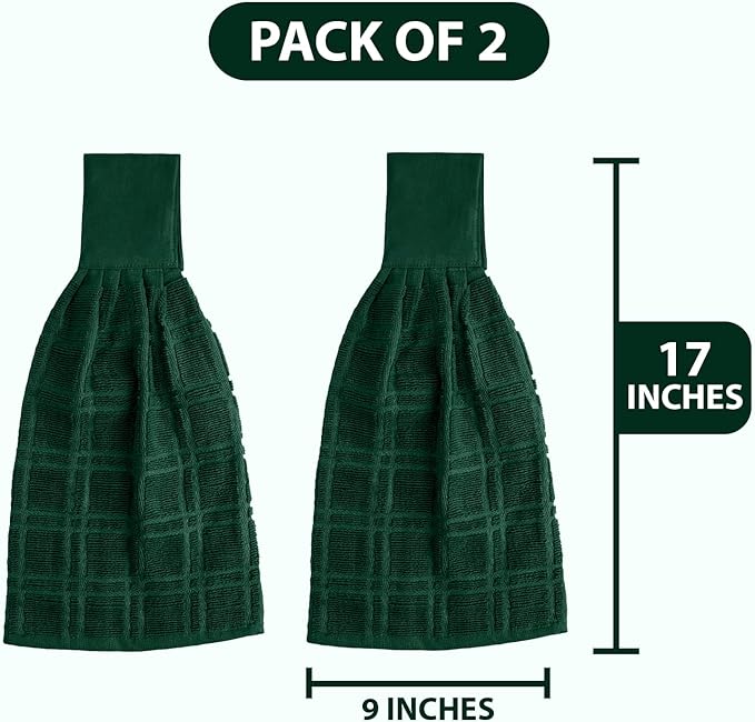Blue Needles Hanging Kitchen Towels - Forest Green 100% Cotton Solid Kitchen Tie Towel, Set of 2 Hand Dish Cloth with Hanging Loops 9 x 17 Inches, Absorbent, Super Soft, and Fast Drying Home Essential