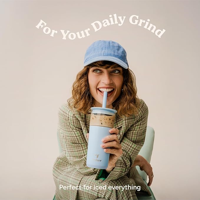 REDUCE Aspen 20 oz Vacuum Insulated Glass Tumbler with Lid & Extra Wide Straw - Keeps Drinks Cold for 12 Hrs - Ideal for Iced Coffee, Smoothies & Boba - Dishwasher Safe, Soft Base - Matcha