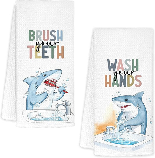 Shark Bathroom Hand Towels, Shark Bathroom Decor, Sharks Lover Gifts Decorative Hand Towels for Kids Bathrooms, Funny Coastal Beach Kitchen Towels, 16x24 Inch Set of 2