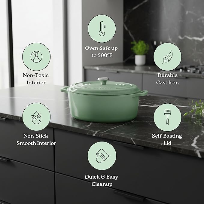 Signature Enameled Cast Iron Oval Dutch Oven | Non-Stick Serving Pot with Tight Fitting Lid for Perfect Roasting, Baking, Sauteing, and Bread Making | 8Q [Sage]