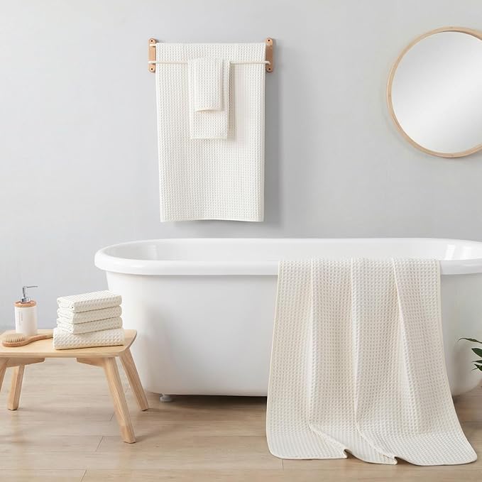 REDKISS 8 Pack Microfiber Waffle Bath Towels - Beige Waffle Towels for Bathroom, Extra Large, Highly Absorbent, Quick Dry Bath Towel Set, Lint Free Bathroom Towel for Gym, Shower, Hotel and Spa