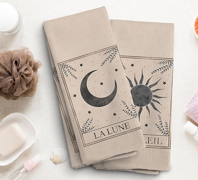 Boho Hand Towels, Celestial Sun and Moon Decor, Mystical Tarot Cards Kitchen Towels, Kitchen Towels Boho, Gifts for Women Men Tarot Lovers, Set of 2,16x24