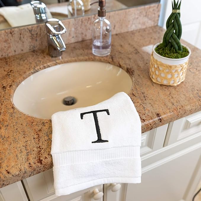 Dark Gray and White Bathroom Hand Towel - Monogrammed Luxury Hotel Quality Decorative Embroidered Towel for Powder Room, Spa - GOTS Organic Certified - Pack of 2, Letter T