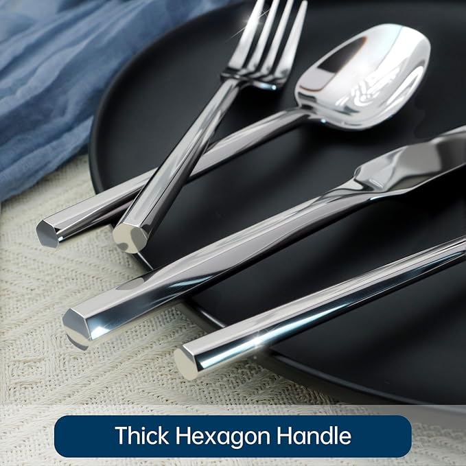 Silverware Set 20-Piece Stainless Steel Mirror Polishing Silver Cutlery, Hand Forged Thick Hexagon Handle Flatware Sets, Service for 4