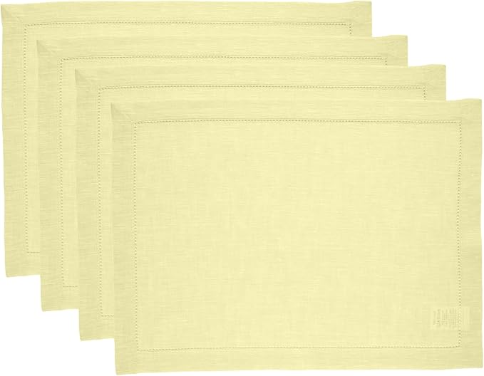 Solino Home Linen Placemats Set of 4 - Milan Hemstitch Butter Yellow Placemats 14 x 19 Inch - 100% Pure Linen Table Mats
