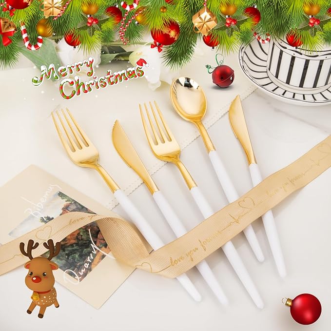 I00000 60 Pcs Gold Plastic Silverware - Heavy Duty Plastic Cutlery -Party Disposable Silverware Set，Disposable Cutlery Set Includes 20 Forks, 20 Knives, 20 Spoons Perfect for Wedding