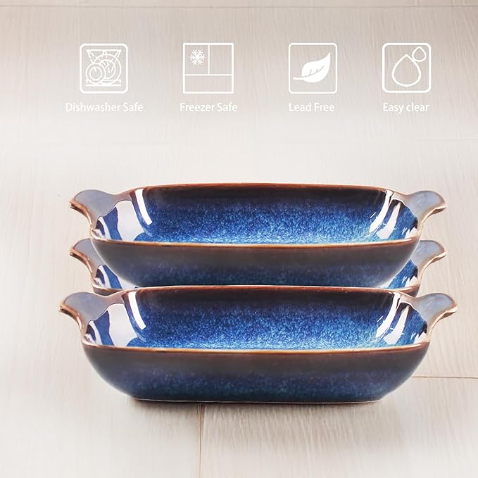 Ceramics Au Gratin baking Dishes Set of 2, Baking Tray Bake ware, 14.4oz Ramekins, for Pie Pan, Appetizer, Tart, Dessert, Quiche, Oven Small dish, individual dishes, Rectangular 9.8 Inch