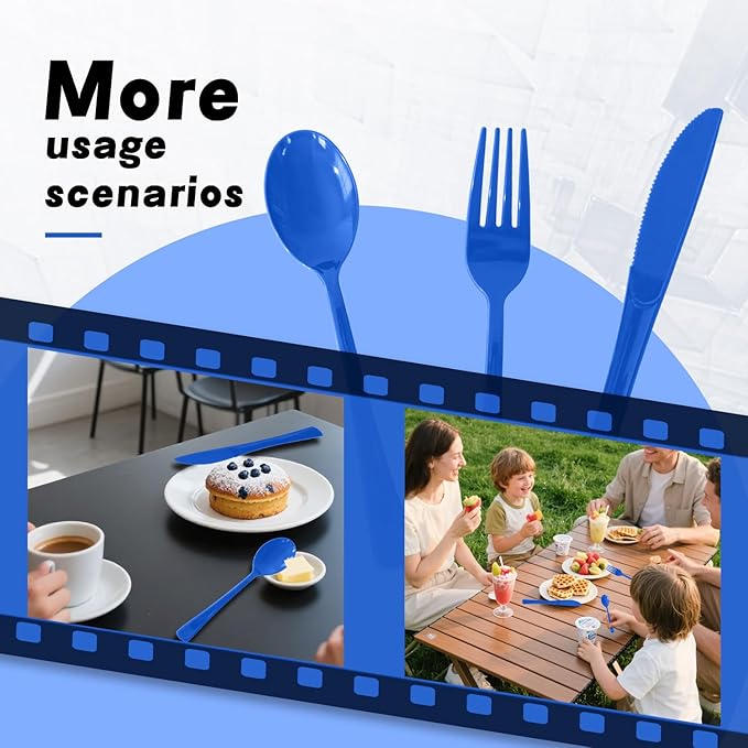 150 Pack Disposable Plastic Silverware, Heavy Duty Blue Plastic Cutlery Set Includes 50 Forks 50 Knives 50 Spoons for Birthday Wedding Party Picnics (150, Blue)