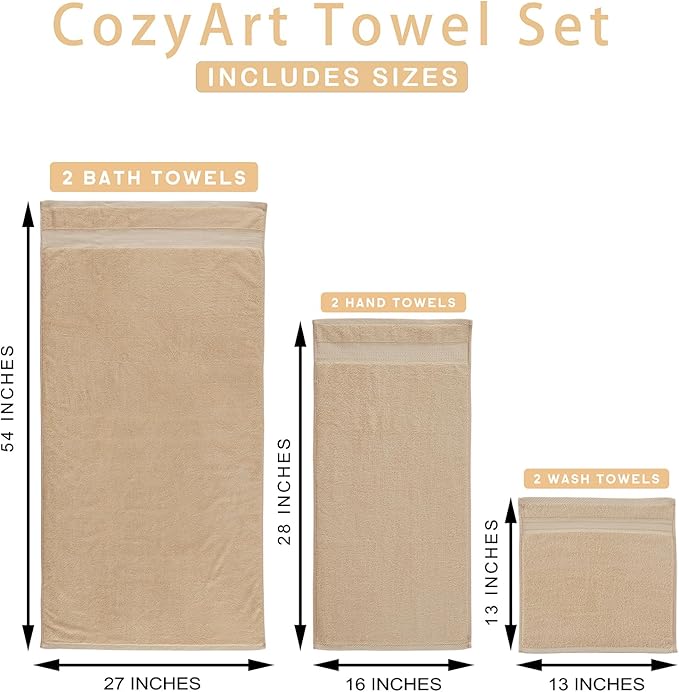 COZYART Beige Bath Towel Set, Turkish Cotton Hotel Large Towel Bulk for Bathroom, Thick Bathroom Set of 6 with 2 Bath Towels, 2 Hand Towels, 2 Washcloths, 650 GSM