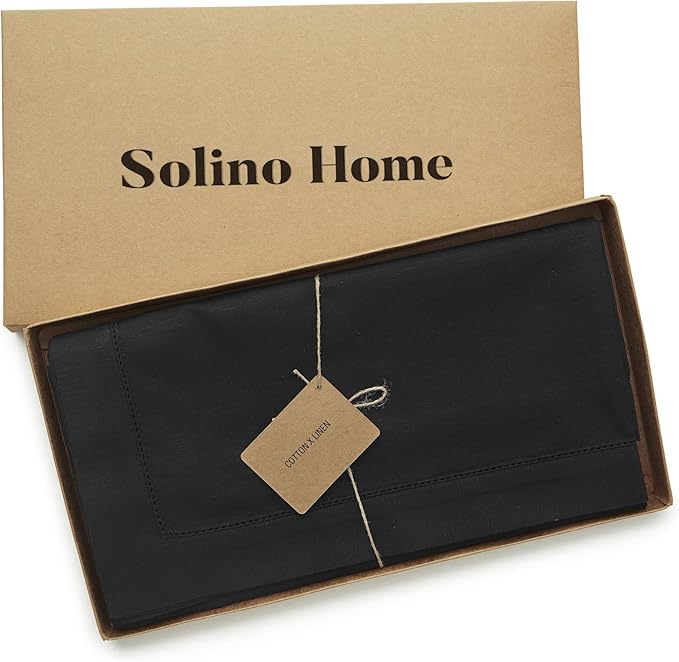 Solino Home Linen Black Tablecloth 54 x 72 Inch - Cotton Linen Hemstitch Rectangular Tablecloth - Machine Washable Table Cloth for Winter, New Year
