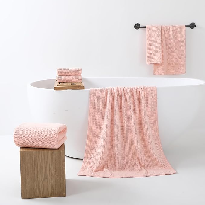 REDKISS Pink Towel Set of 8 - Ultra Soft Microfiber, Contains 2 Large Bath 35x70, 2 Hand 14x30, 4 Washcloths 14x14, Highly Absorbent, Quick Dry, Ideal for Everyday use, Hotel & Spa, Pink