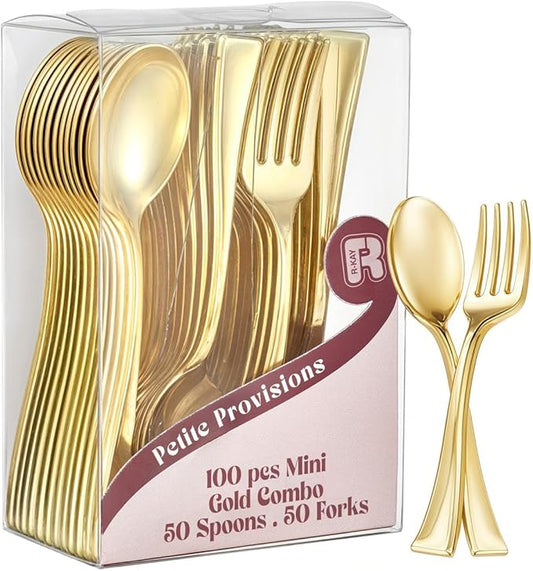 100 Combo Pack 50 Gold Mini Forks And 50 Gold Mini Spoons 4 Inch Dessert Forks And Spoons - Heavy duty Mini Cutlery, Tastings, Cocktails, Dessert Cups.