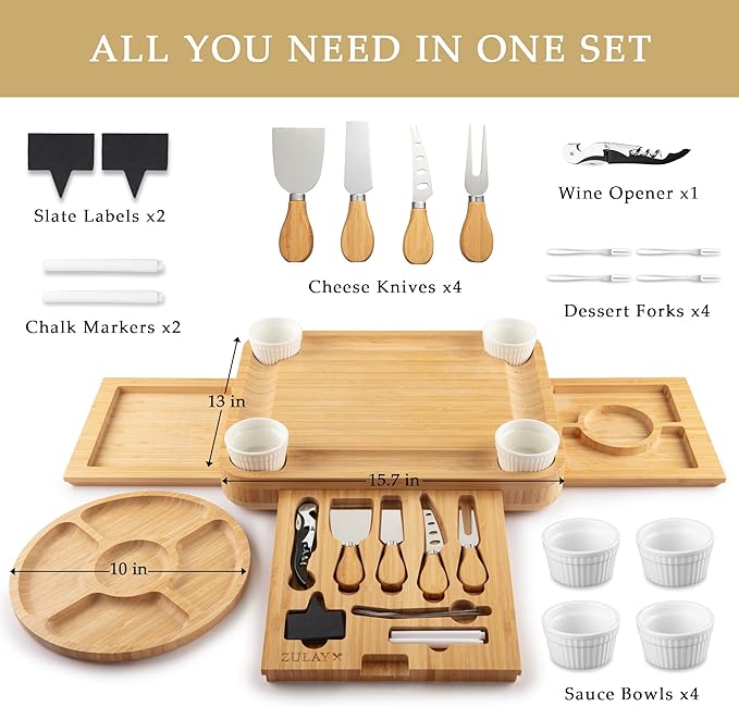 Zulay Charcuterie Board Set Extra Large - Great White Elephant Gift, Housewarming Gift for New Home, Bamboo Cheese Board - Charcuterie with Accessories, Wine and Cheese