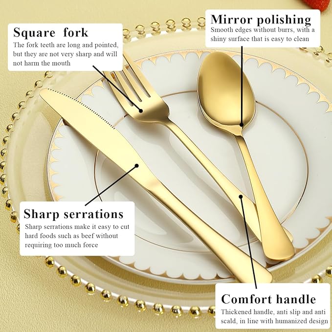 Gold Silverware Set 60 Pieces Service for 20, Stainless Steel Titanium Gold Flatware Set include Knives Spoon Forks Set, Silverware Set, Serving Utensil Set