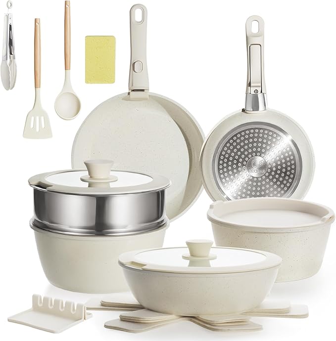 Nonstick Ceramic Cookware Set 21PCS with Detachable Handle, Pans and Pots Set, RV Kitchen Set Cookware Set, with Removable Handles, Oven Safe, Induction Ready, Stackable Non-stick Set