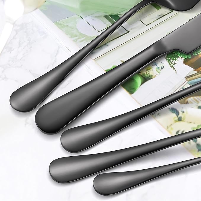 A · HOUSEWAR Black Flatware Serving Set 7 Piece Stainless Steel Catering Utensils include Soup Ladle Large Slotted Spoon Big Server Fork12” Cake Knife Pizza Spatula Parties Buffet
