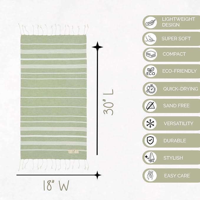 Hand Towels - Set of 2, 18" x 30" inches, Thin Light Compact Travel Towels, Cotton Turkish Hand Towels for Bathroom, Kitchen, Gym Towels (Apple Green)
