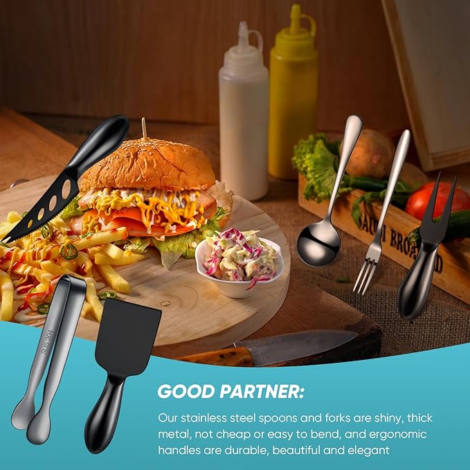 Patelai Charcuterie Board Accessories Cheese Spreader Knife Set Charcuterie Utensils Butter Knife Stainless Steel Mini Serving Tongs Spoons Appetizer Forks for Pastry Christmas(Black,18 Pieces)